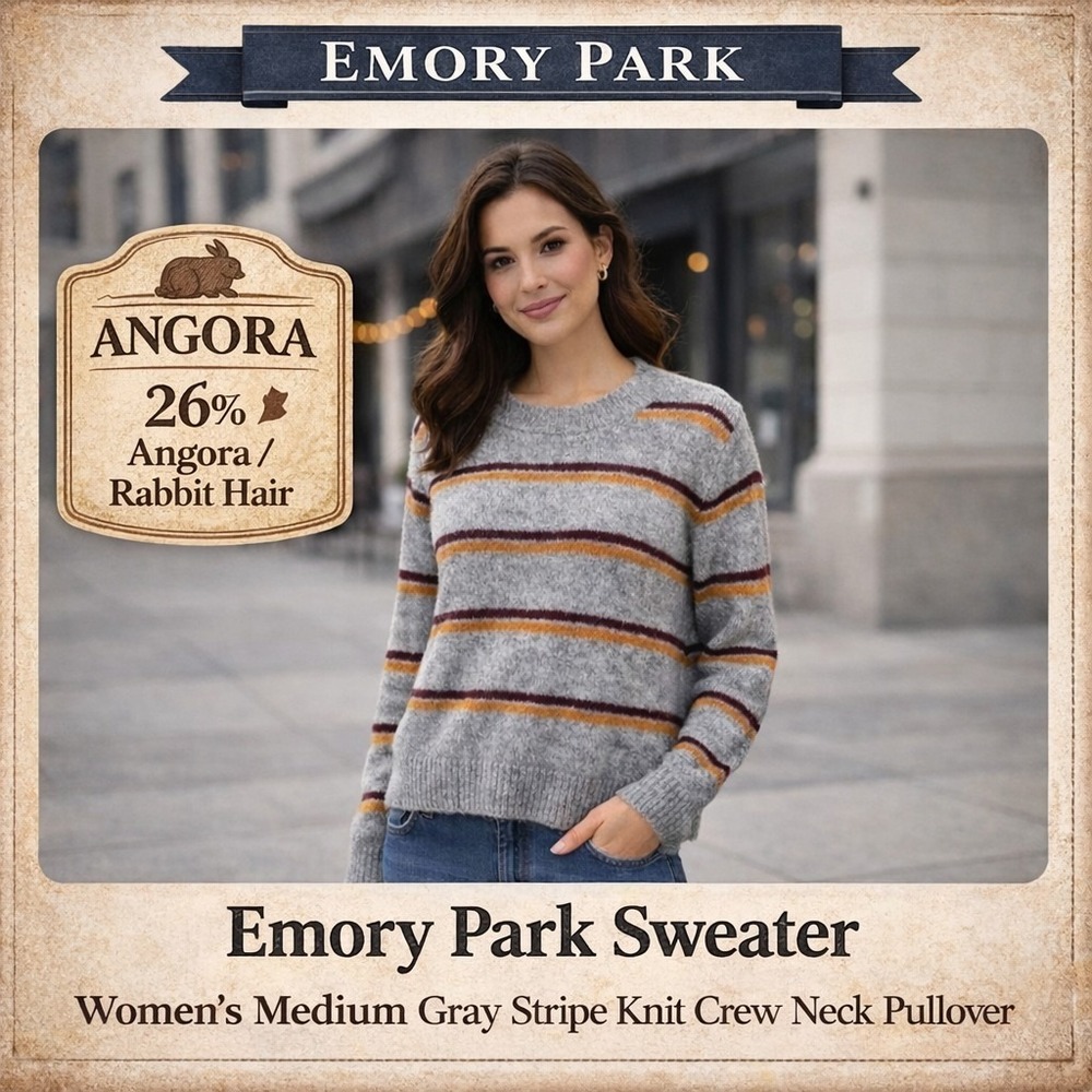 Emory Park Sweater Womens Medium 26% Angora Gray Stripe Knit‎ Crewneck Pullover